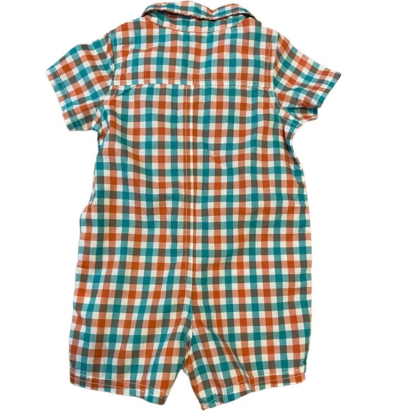 infant boys orange teal collared ss checkered print one piece - Picture 2 of 5